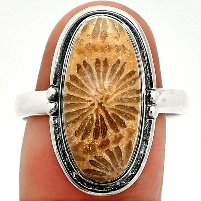 Flower Fossil Coral Ring size-9.5 SDR236020 R-1175, 9x19 mm