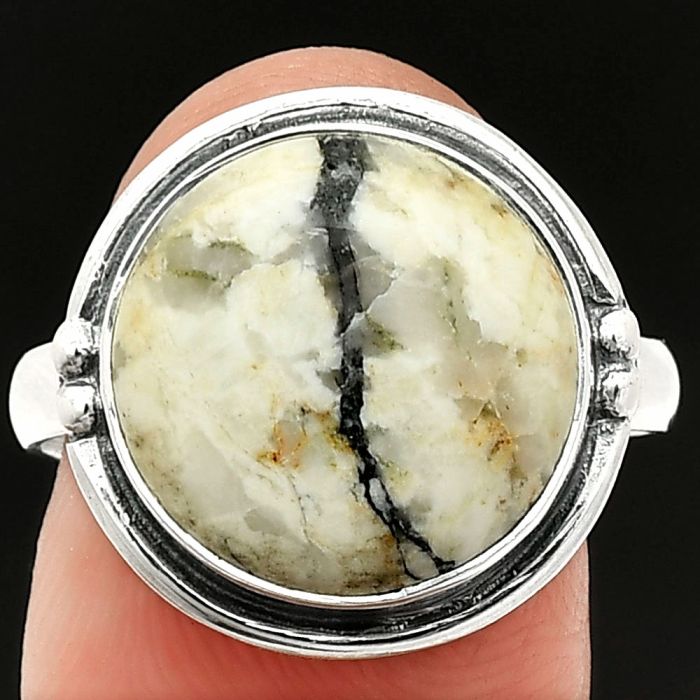 Authentic White Buffalo Turquoise Nevada Ring size-9 SDR236039 R-1175, 14x14 mm