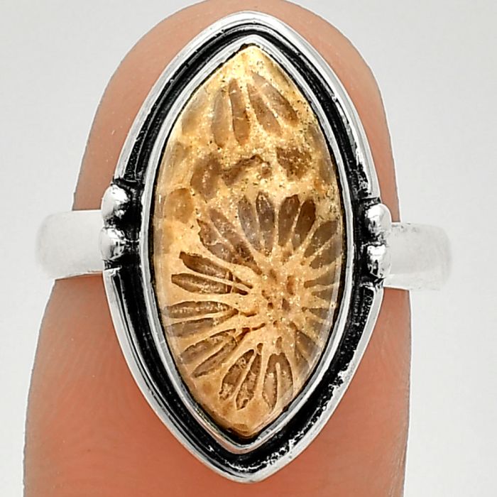 Flower Fossil Coral Ring size-7 SDR236068 R-1175, 9x18 mm
