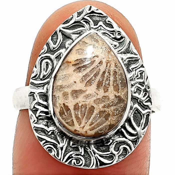 Flower Fossil Coral Ring size-7 SDR236535 R-1649, 9x13 mm