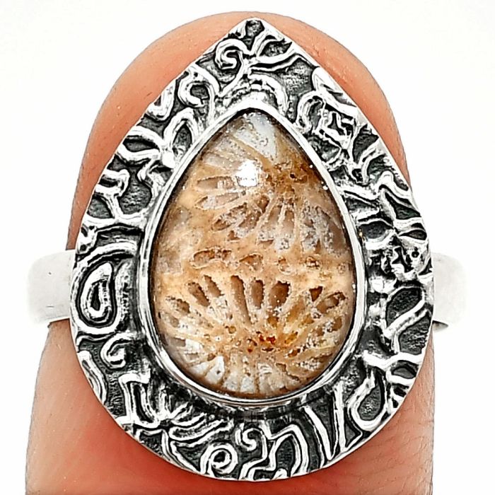 Flower Fossil Coral Ring size-7 SDR236537 R-1649, 9x12 mm