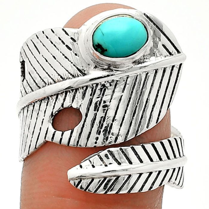 Adjustable Feather - Natural Turquoise Morenci Mine Ring size-7.5 SDR237028 R-1473, 5x7 mm