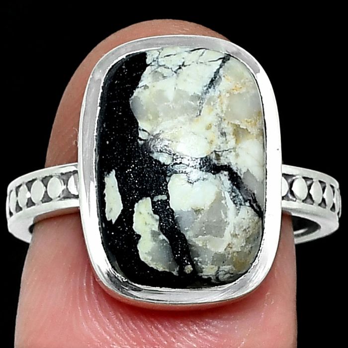 Authentic White Buffalo Turquoise Nevada Ring size-8 SDR237591 R-1060, 10x15 mm