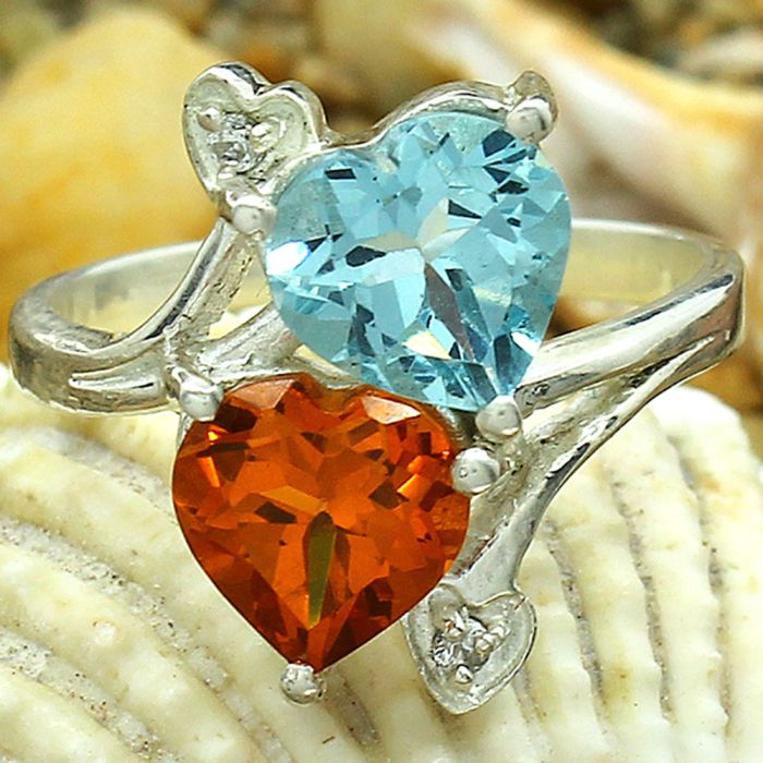 Lab Created Aquamarine and Padparadscha Sapphire Ring size-6.5 SDR79489, 8x8 mm
