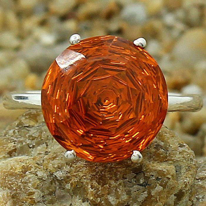 Lab Created Padparadscha Sapphire Ring size-7.5 SDR81869 R-1019, 12x12 mm