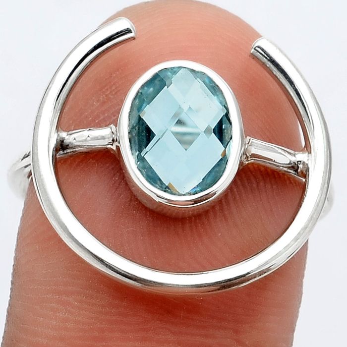 Faceted Natural Sky Blue Topaz Ring size-8.5 SDR92308 R-1036, 7x9 mm