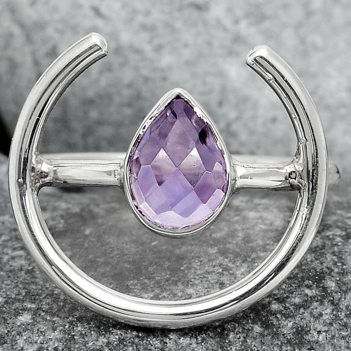 Faceted Natural Amethyst Ring size-7.5 SDR92389 R-1036, 6x8 mm