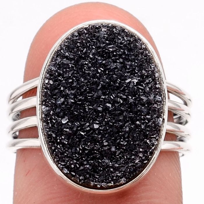 Natural Black Druzy Ring size-8 SDR96342 R-1324, 13x18 mm