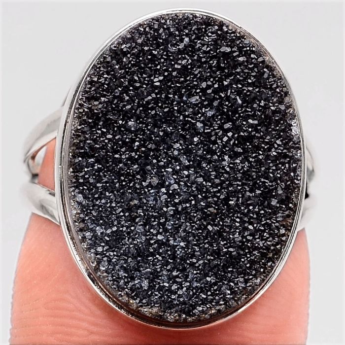 Natural Black Druzy Ring size-6.5 SDR97839 R-1002, 15x19 mm