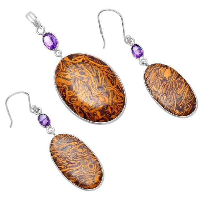 Coquina Fossil Jasper and Amethyst Pendant Earrings Set SDT03068 T-1010, 22x32 mm