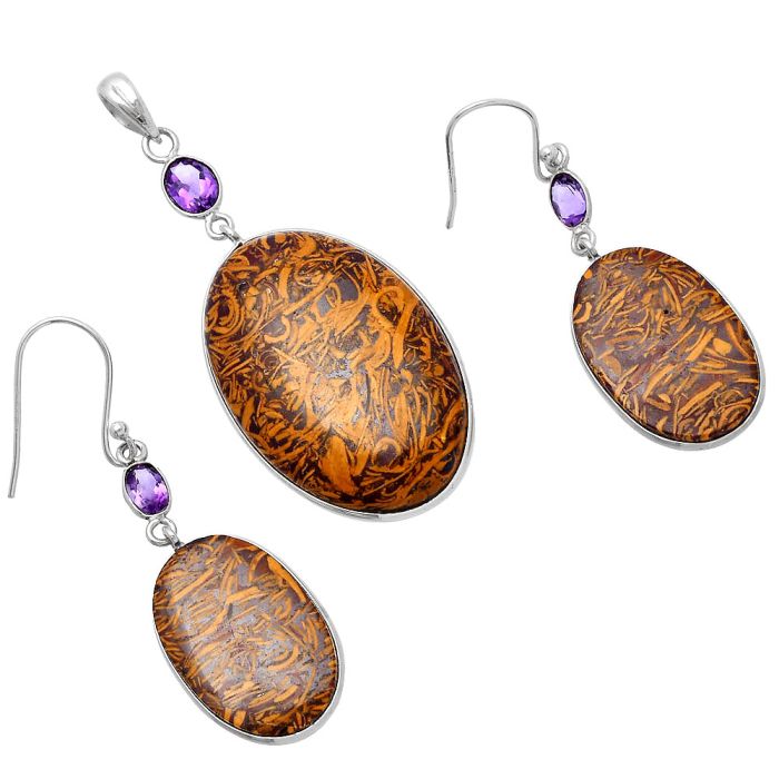 Coquina Fossil Jasper and Amethyst Pendant Earrings Set SDT03073 T-1010, 22x35 mm