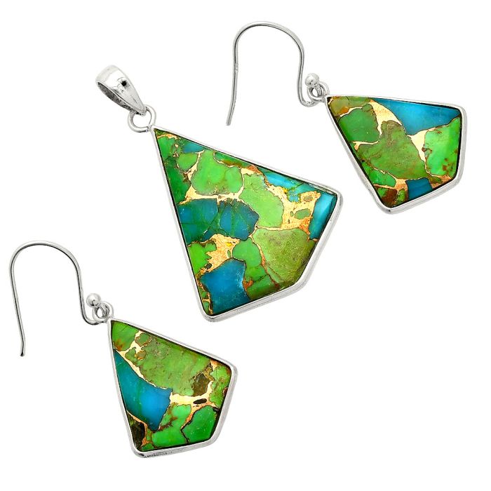 Blue Turquoise In Green Mohave Pendant Earrings Set SDT03216 T-1001, 22x29 mm