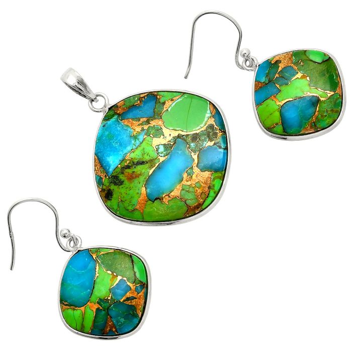 Blue Turquoise In Green Mohave Pendant Earrings Set SDT03218 T-1001, 25x25 mm