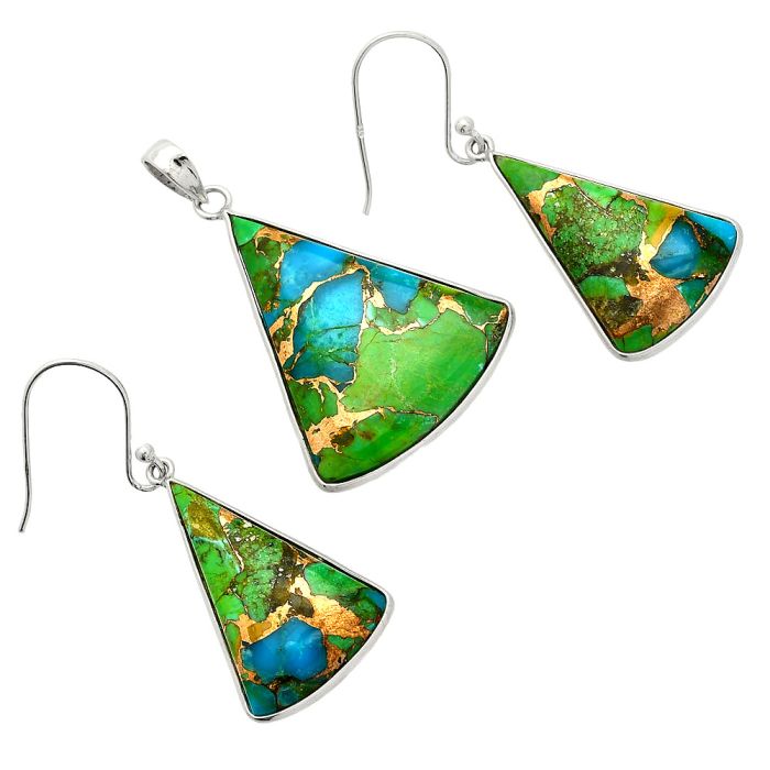 Blue Turquoise In Green Mohave Pendant Earrings Set SDT03219 T-1001, 24x30 mm