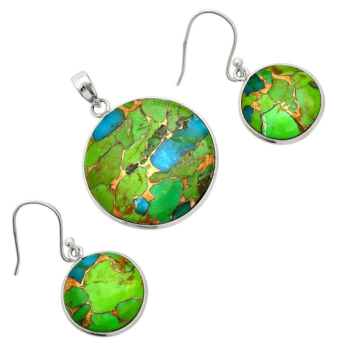 Blue Turquoise In Green Mohave Pendant Earrings Set SDT03232 T-1001, 24x24 mm