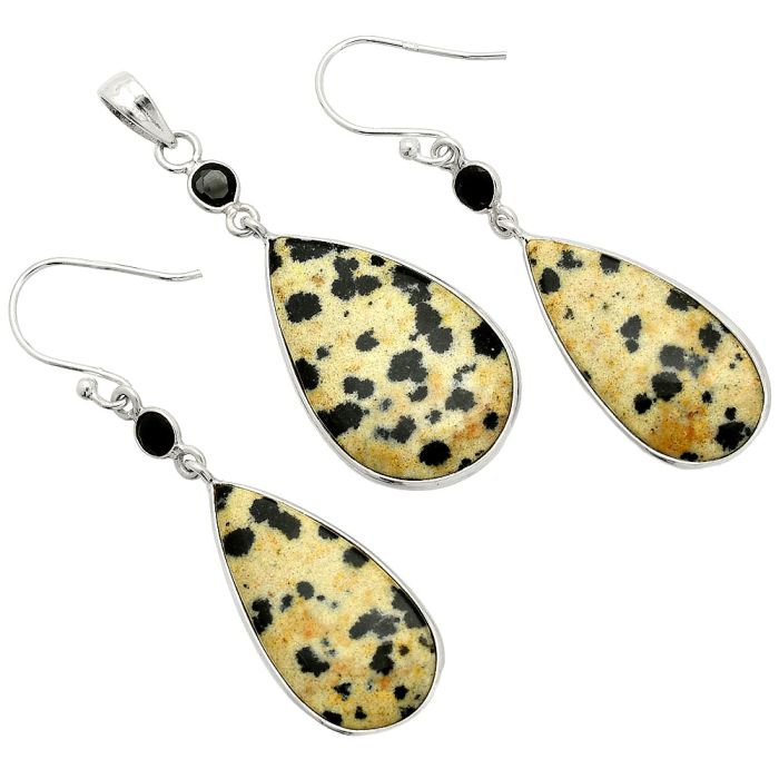 Dalmatian and Black Onyx Pendant Earrings Set SDT03279 T-1010, 16x25 mm