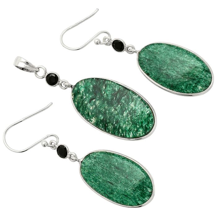 Green Aventurine and Black Onyx Pendant Earrings Set SDT03282 T-1010, 14x27 mm