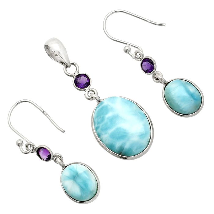 Larimar (Dominican Republic) and Amethyst Pendant Earrings Set SDT03338 T-1010, 13x17 mm