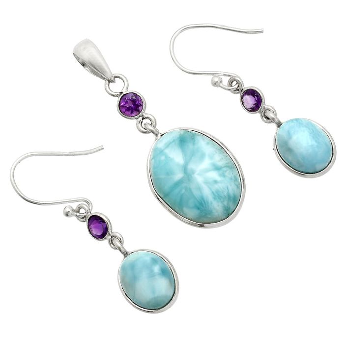 Larimar (Dominican Republic) and Amethyst Pendant Earrings Set SDT03339 T-1010, 13x18 mm