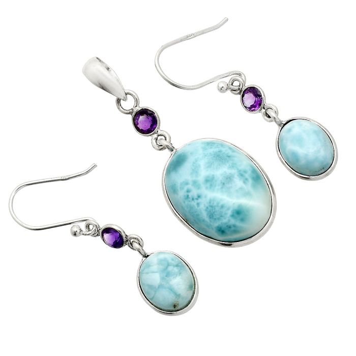 Larimar (Dominican Republic) and Amethyst Pendant Earrings Set SDT03340 T-1010, 14x19 mm