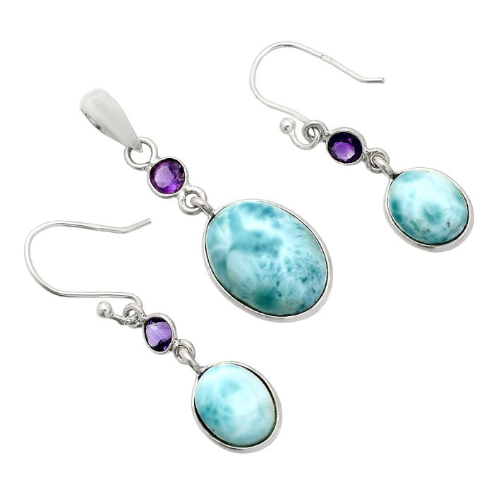 Larimar (Dominican Republic) and Amethyst Pendant Earrings Set SDT03342 T-1010, 12x15 mm