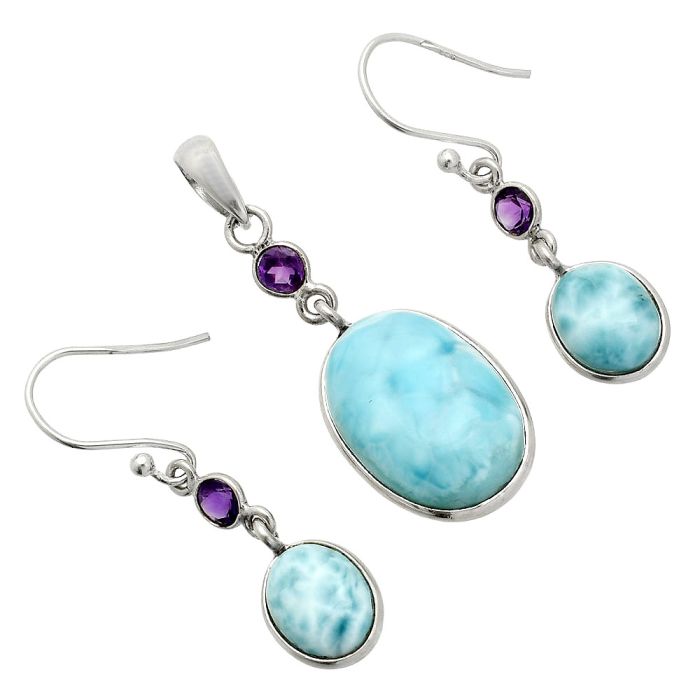 Larimar (Dominican Republic) and Amethyst Pendant Earrings Set SDT03345 T-1010, 13x18 mm