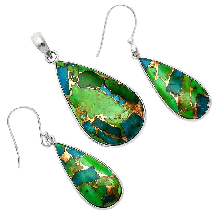 Blue Turquoise In Green Mohave Pendant Earrings Set SDT03439 T-1001, 19x32 mm