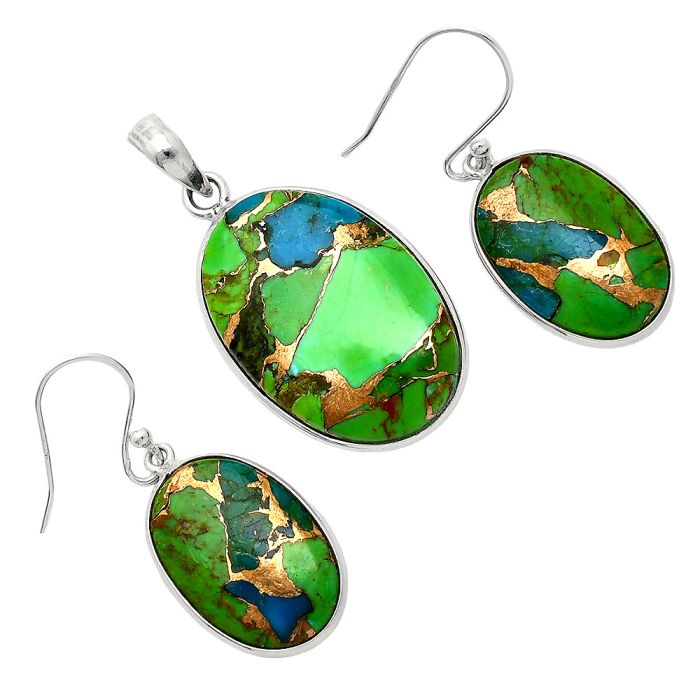 Blue Turquoise In Green Mohave Pendant Earrings Set SDT03443 T-1001, 18x26 mm