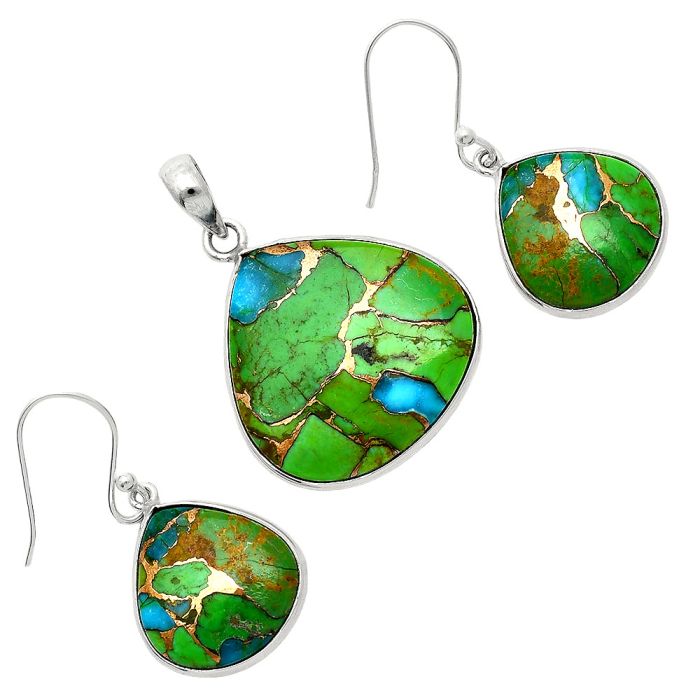 Blue Turquoise In Green Mohave Pendant Earrings Set SDT03444 T-1001, 24x24 mm