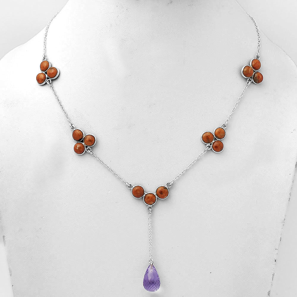 Faceted Amethyst Briolette Drop and Red Sponge Coral Necklace